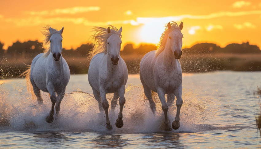 Majestic camargue white horses galloping through water