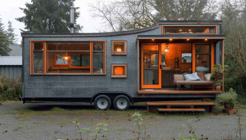 Tiny home parked in lot cozy and compact living space with green surroundings