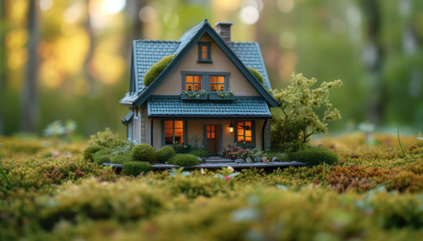 Tiny model house placed in lush green grass