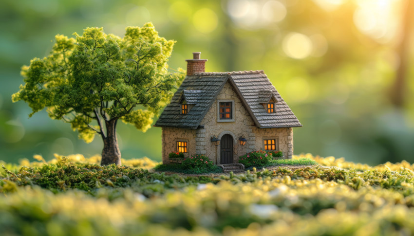 Miniature house nestled in green grass a tiny world of charm and simplicity