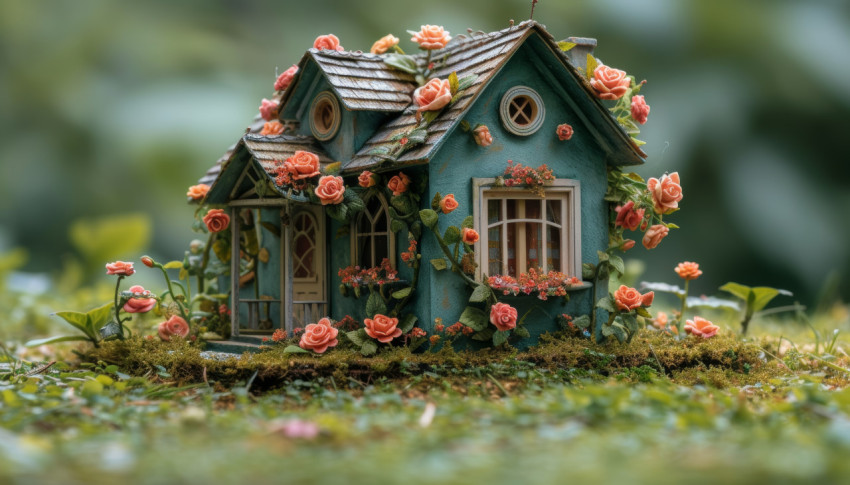 Tiny fairy house surrounded by roses and flowers on lush green grass