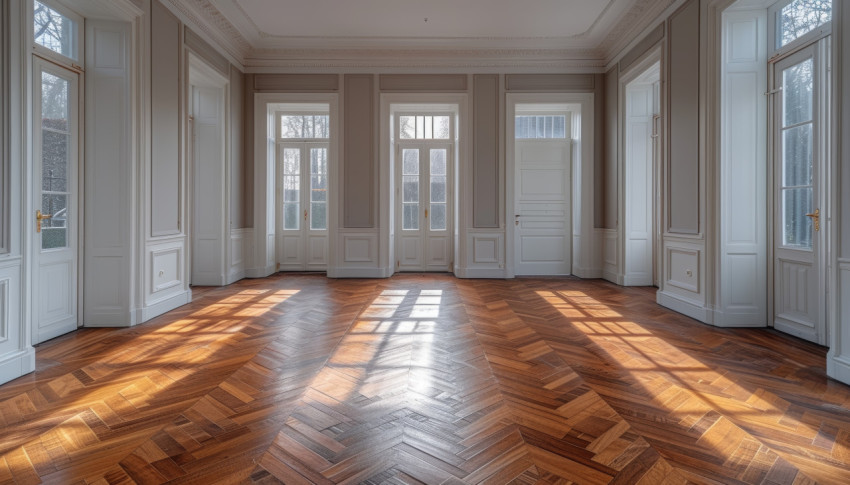 A room with wooden floors and closed doors