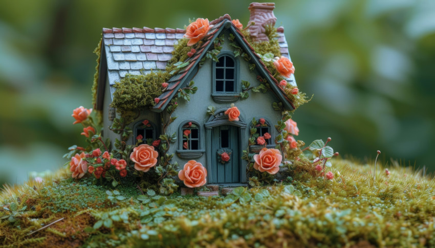 Miniature fairy house adorned with roses and flowers on grass