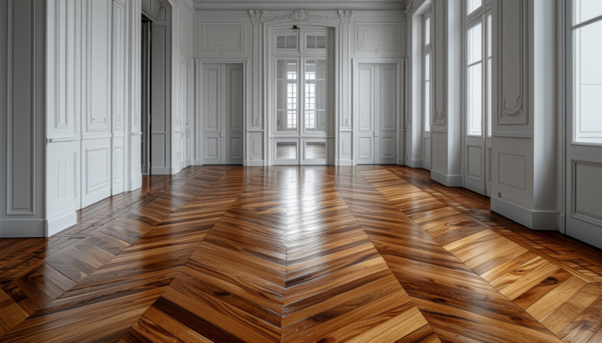 Simple empty room with wooden floors and doors