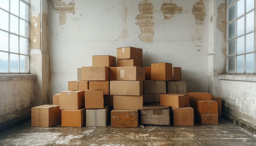 Cardboard boxes stacked against a white wall