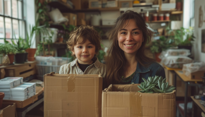 Woman and son in apartment moving boxes together