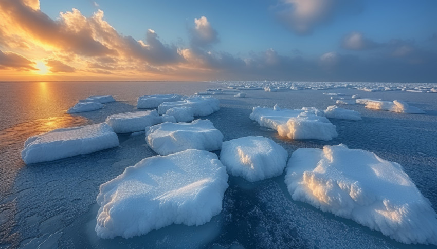 Arctic sea filled with large ice chunks and snow creating a cold serene landscape