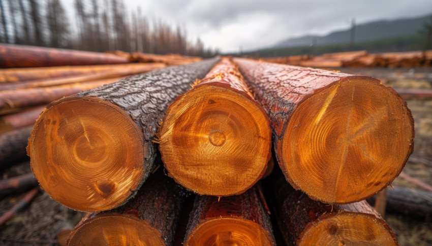 Logs stacked in a field creating a rustic scene of natural beauty and resourcefulness