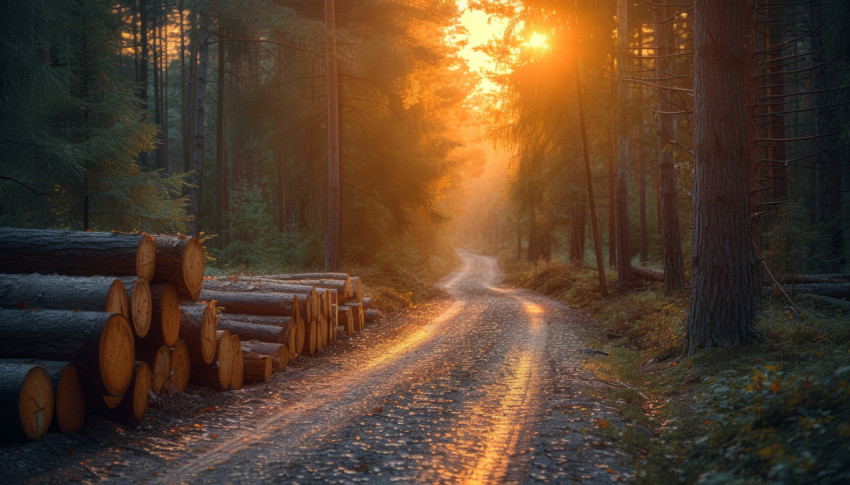 Timber industry road with logs bathed in sunlight in the forest