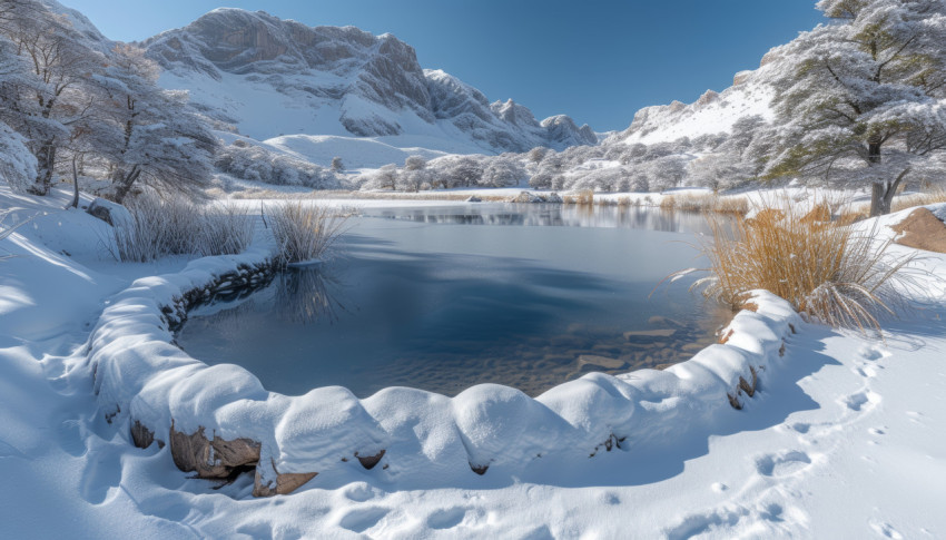 Snowy tarn near argentina with pristine white landscape and serene beauty in the heart of nature