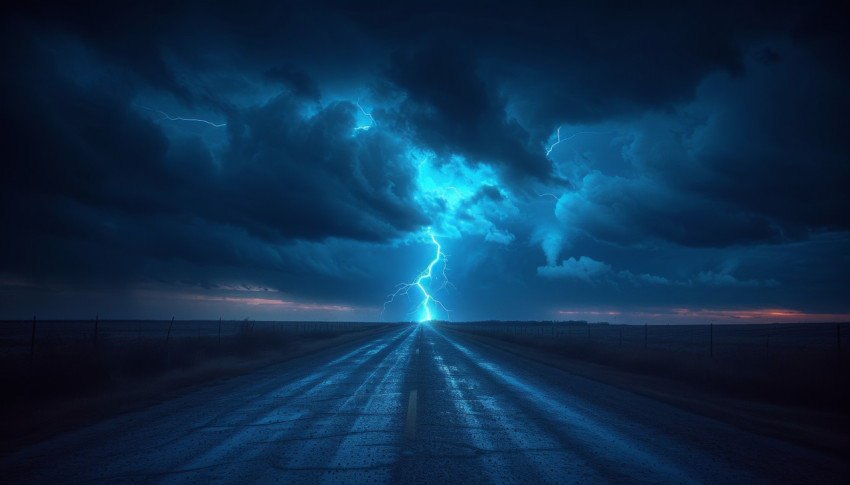 Lightning strikes over a dark road with a solitary bolt illuminating the night