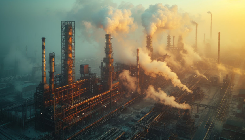 Aging factory with smoke billowing from the stacks depicting industrial activity and environmental impact