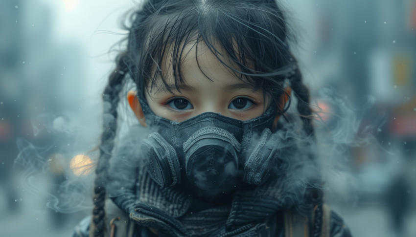 Little girl wearing a jacket with a smoke mask prepared for challenging conditions