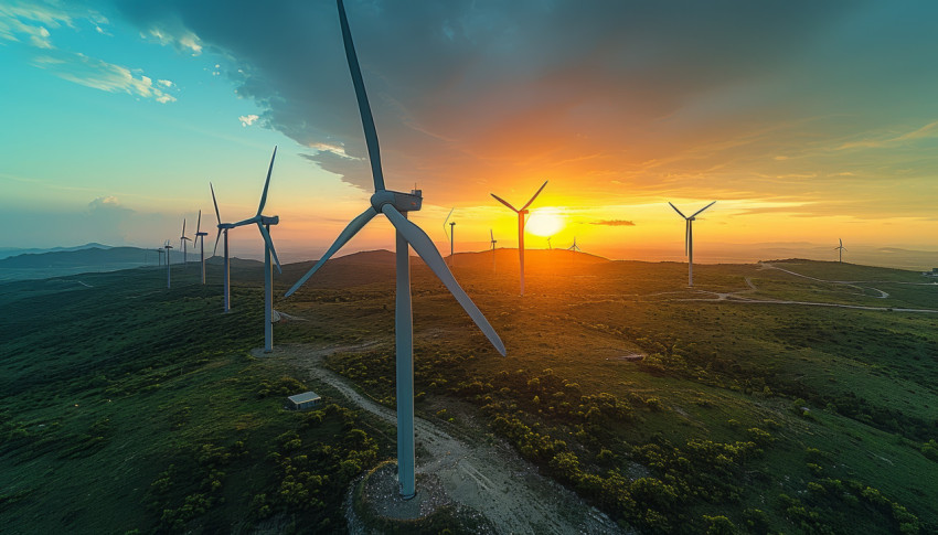 Aerial drone captures wind turbines against a distant sunset showcasing renewable energy in action