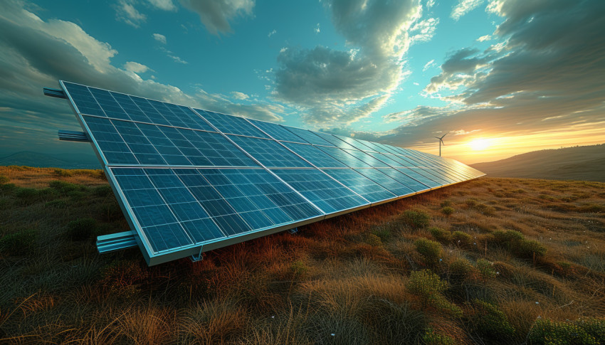 Solar panel and wind turbine in a landscape with more solar panels in the background