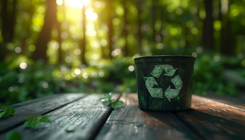 Recycling bin on wooden table bathed in sunlight