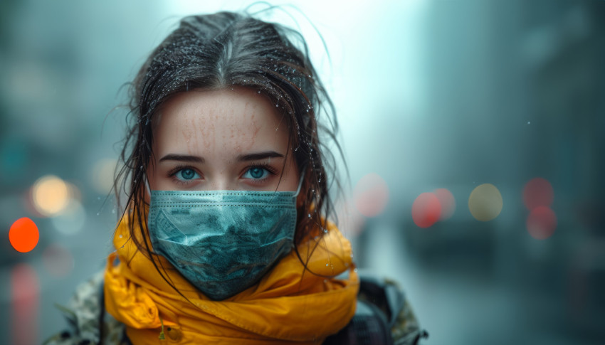 A woman wears a medical mask against a city backdrop