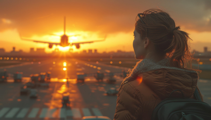 Woman watches plane at airport during beautiful sunset