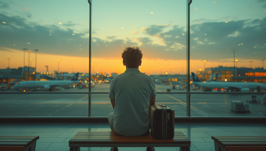 Man sitting on bench after carrying luggage around airport feeling tired and frustrated from missed flights