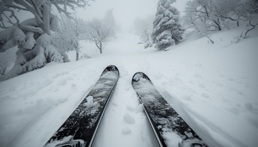 Skis resting in the snow on a hill creating a serene winter scene
