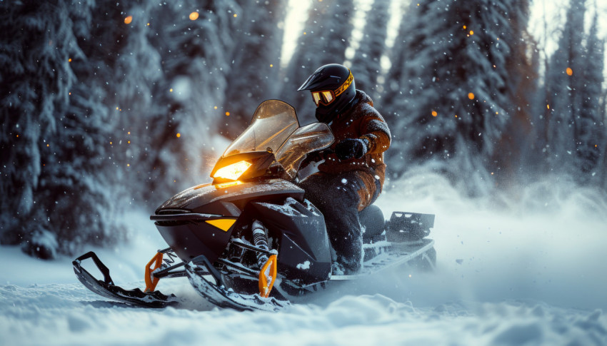 Man rides black snowmobile through snowy landscape enjoying winter adventure