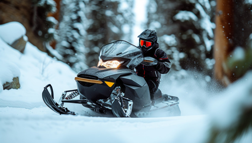 Man on black snowmobile rides through snowy terrain