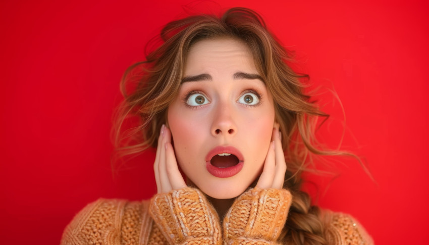 Surprised young woman on red background