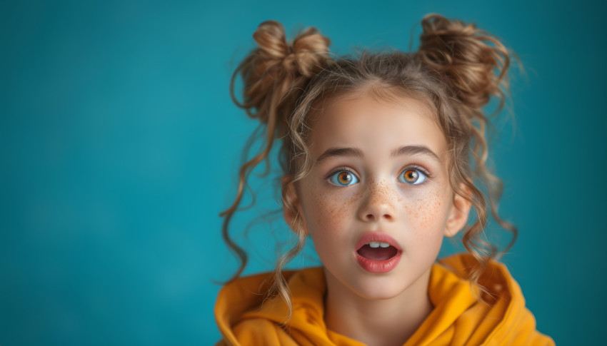 Young girl pleasantly surprised gazing into the vivid blue background