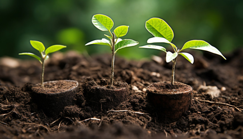 A photo of a picture of seedlings on coins in farm, corporate photography