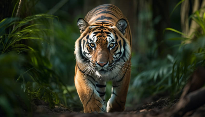 A photo of an amazing Bengal tiger walking in the jungle front view, animal in nature photography