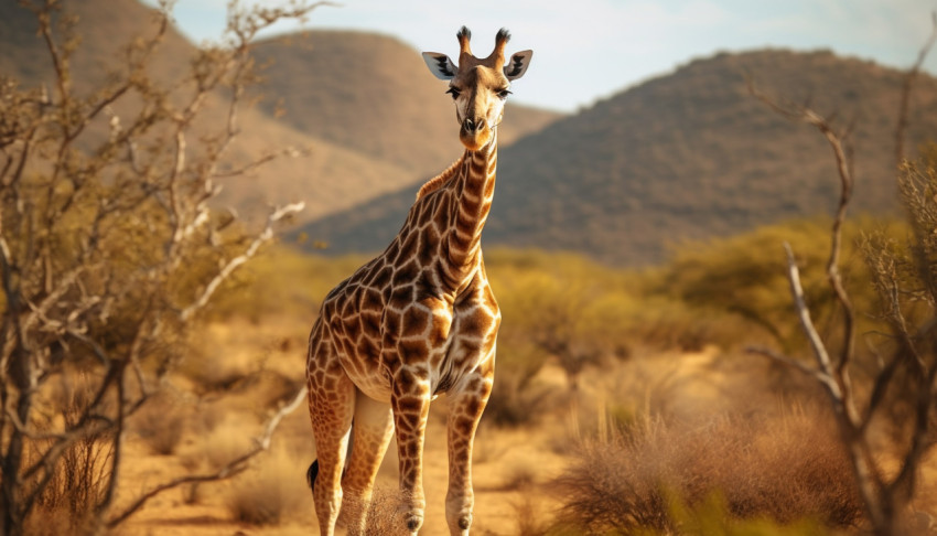 A photo of a giraffe in natural environment full body from a distance, animal in nature photography