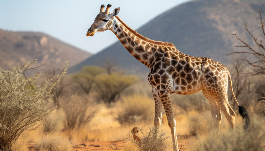 A photo of a giraffe in natural environment full body from a distance side view, animal in nature photography