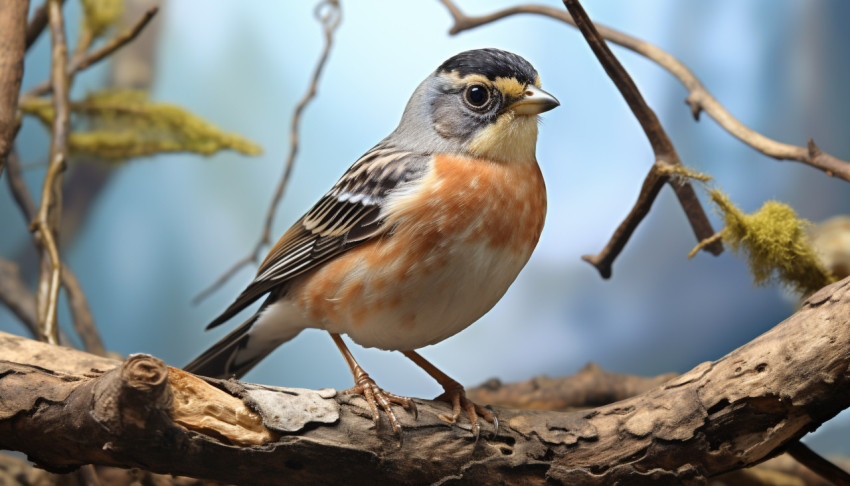 A photo of a brambling bird perched on a tree branch, royalty-free bird stock image