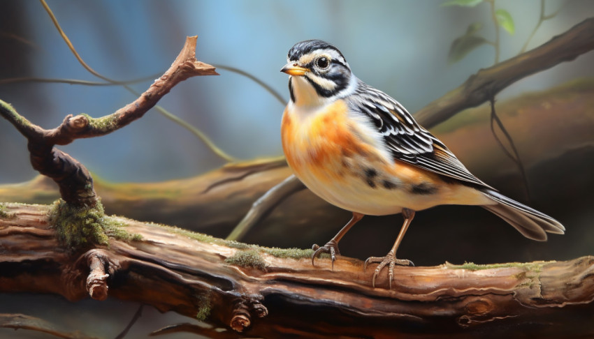 A photo of a brambling bird perched on a tree branch, royalty-free bird stock image