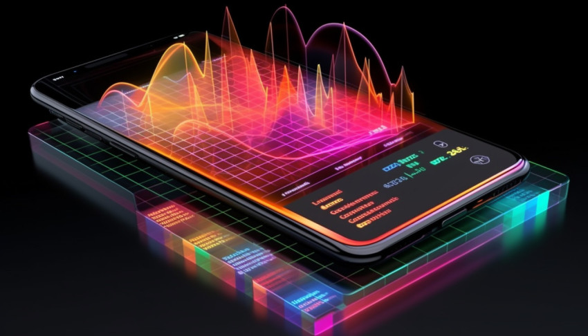 A photo of a phone with a graph on the screen hologram chart, finance stock photo