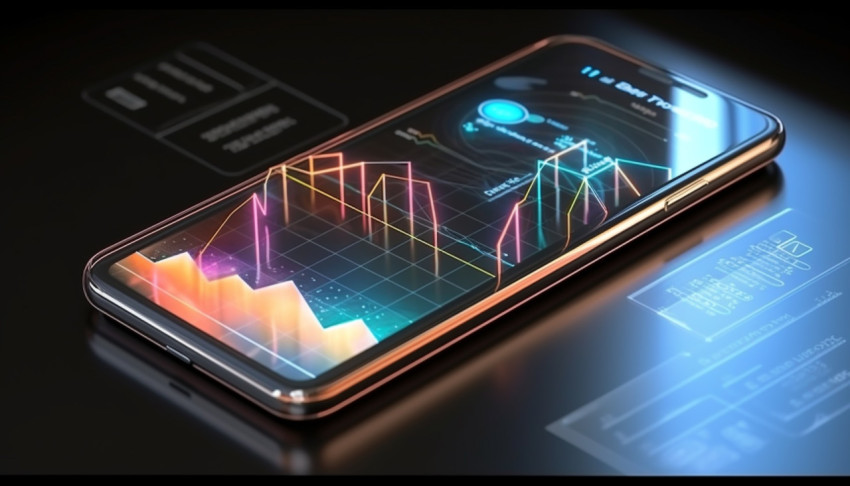 A photo of a phone with a graph on the screen hologram chart, finance stock photo