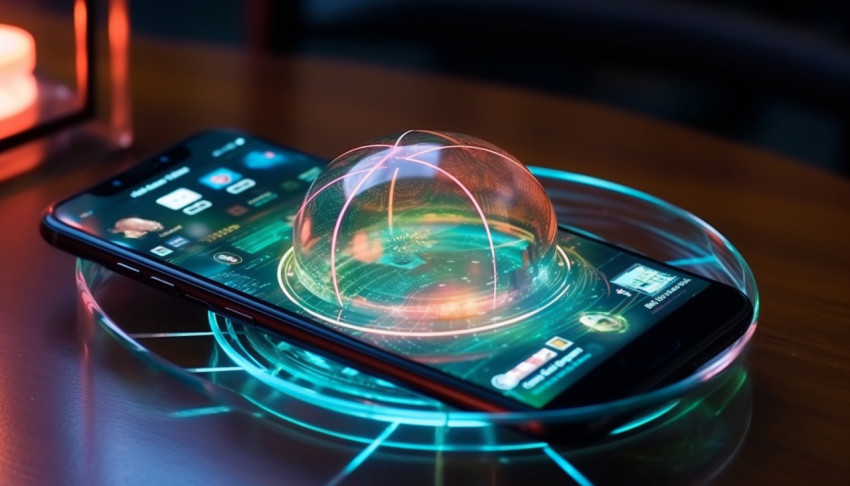 A photo of a phone on the table of the future transparent invisible mobile hologram transparent circle glass ball graph artificial intelligence metaverse and digital technology innovative future data network, finance stock photo