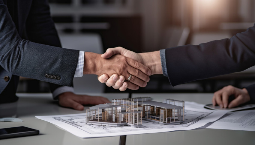 Image shows two architects shaking hands as they close a deal, home loan stock image