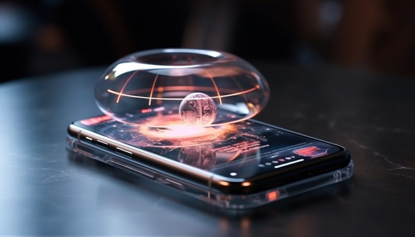 A photo of a phone on the table of the future transparent invisible mobile hologram transparent circle glass ball graph artificial intelligence metaverse and digital technology innovative future data network, finance stock photo