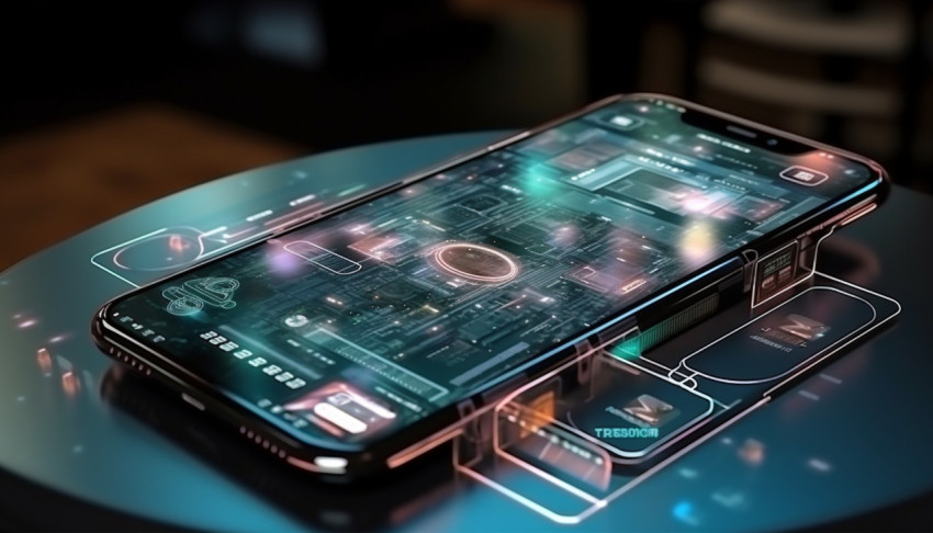 A photo of a phone on the table of the future transparent invisible mobile hologram graph artificial intelligence metaverse and digital technology innovative future data network, finance stock photo