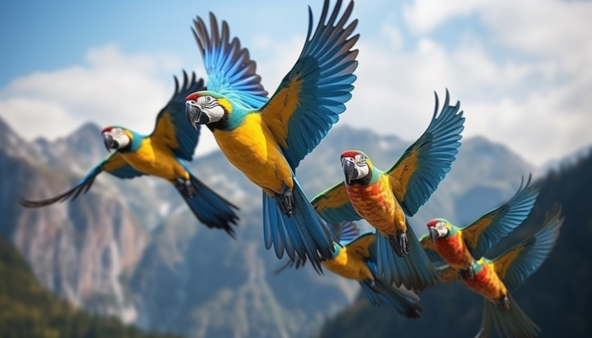 A group of colorful parrot are flying in formation with one being flown, royalty-free bird stock image
