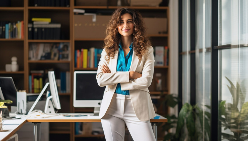 A photo of a successful young businesswoman standing in the office presenting, free ai prompts for hr