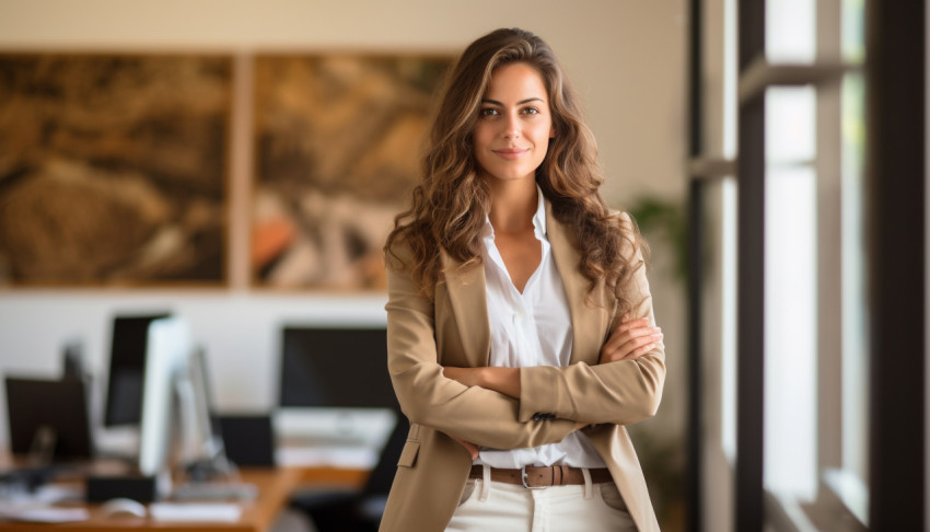 A photo of a successful young businesswoman standing in the office presenting, free ai prompts for hr