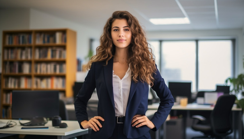 A photo of a successful young businesswoman standing in the office presenting, free ai prompts for hr