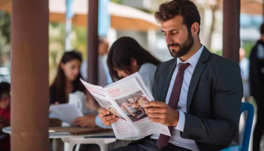 A photo of a hr manager reading too long candidates resume, free ai prompts for hr