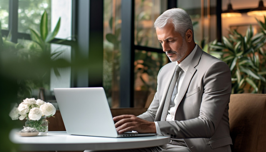 A photo of a senior businessman working on a laptop in room, free ai prompts for hr