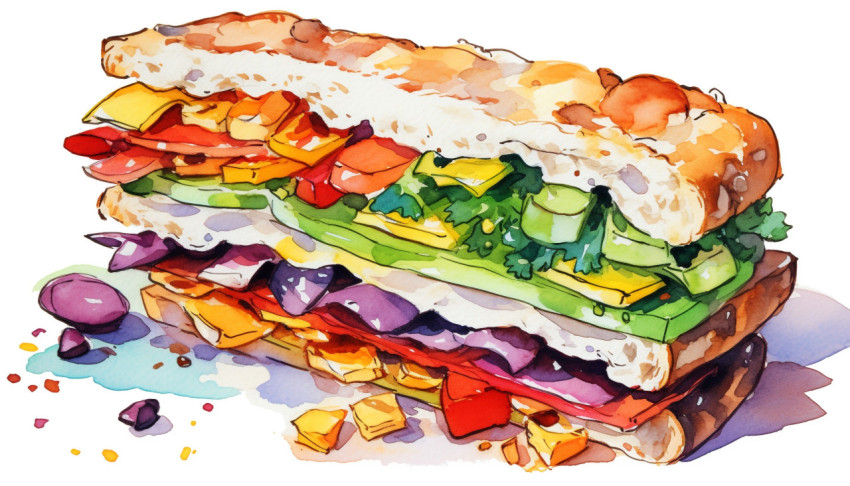 A photo of a watercolor of a sandwich with different toppings clip art, free ai prompts for food clip art