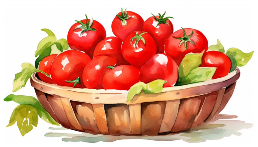 A photo of a full watercolor tomatoes basket, free ai prompts for food clip art