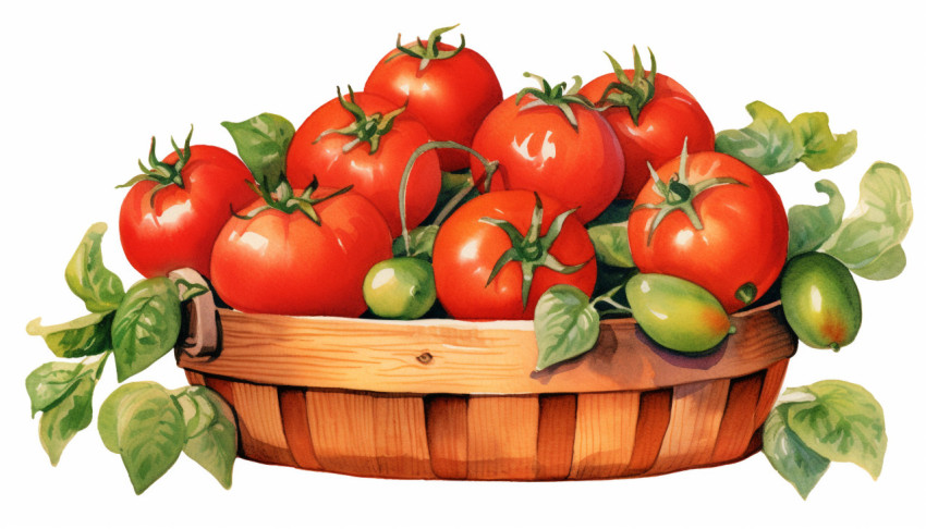 A photo of a full watercolor tomatoes basket, free ai prompts for food clip art