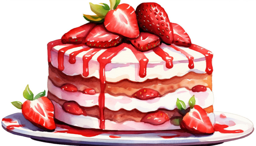 A photo of a watercolor Clipart strawberry Cake, free ai prompts for food clip art